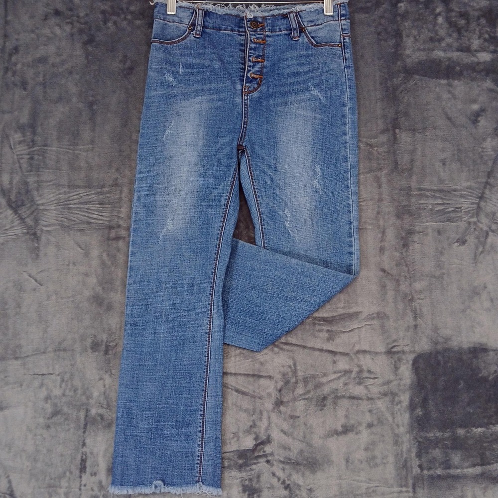 Moon River Jeans Womens Medium Blue Button Fly Distressed Raw Hem Cropped KR145T